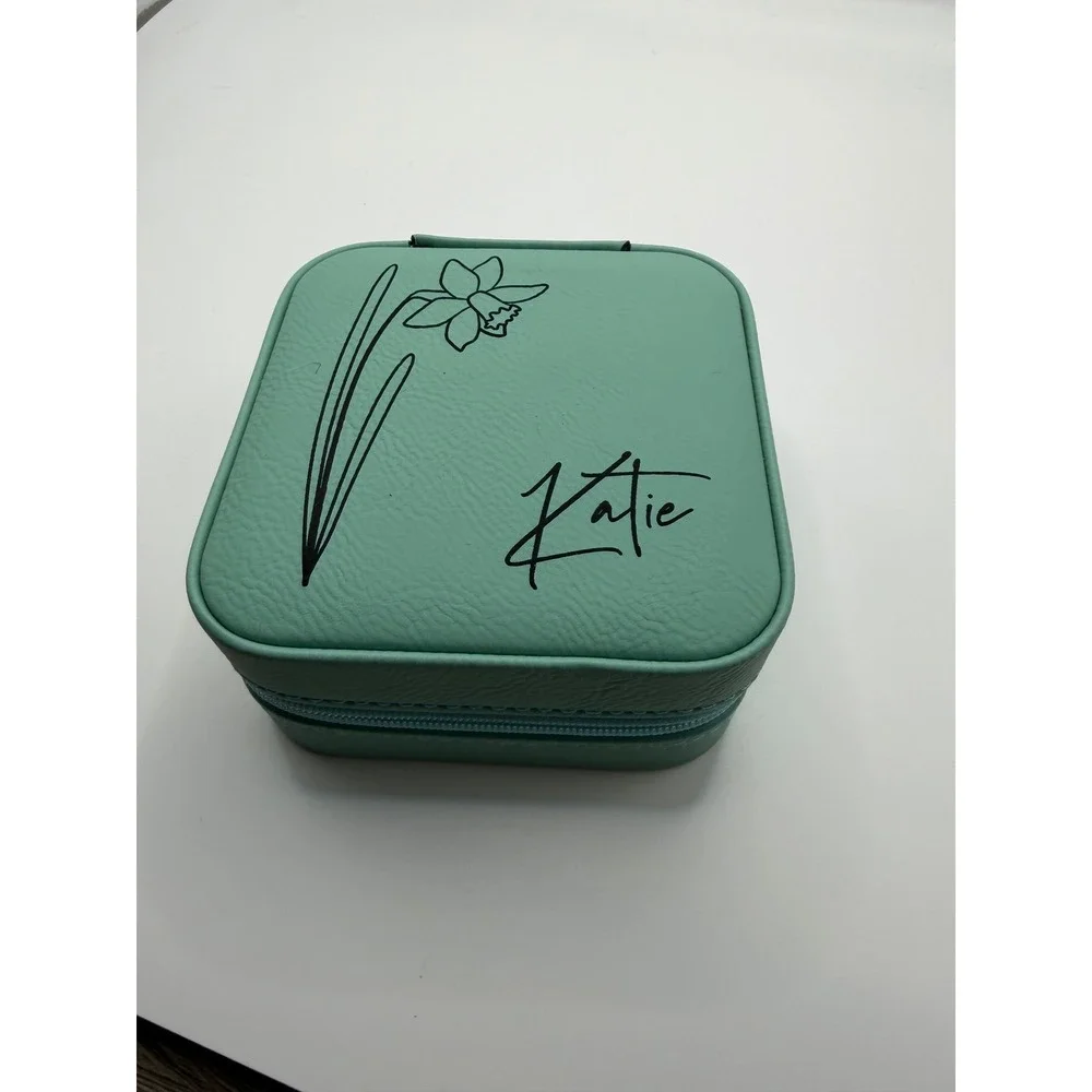 Personalized Katie Teal Travel Jewelry Box Floral Daffodil Small Zip Square Case